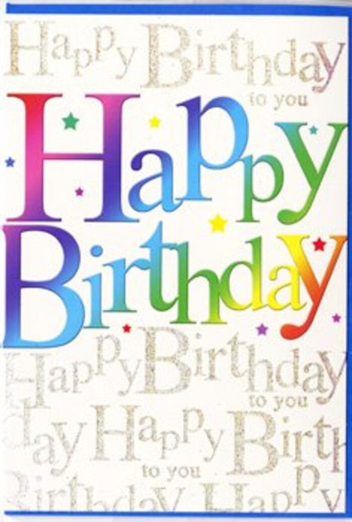 Viewed up close, this birthday card feels like a joyous burst of colour carefully framed within a refined design, much like a well-balanced floral display created for a Noak Hill celebration. The central focus is the phrase Happy Birthday, written in generous, bold letters that arc gently across the card's front. Each letter is filled with a continuously shifting rainbow gradient, starting with warm shades of red and pink, gliding into orange and golden yellow, then transitioning through bright greens and turquoise, and finishing with cooler blues and hints of violet. The edges of the letters are clean yet softened by subtle shading, giving them a slightly raised, almost tactile quality. Scattered around the main text are small flecks, dots, and star-shaped accents in matching colours, echoing the feel of confetti floating down after a toast at a birthday picnic in one of Noak Hill's green open spaces. Behind this cheerful lettering, the background is covered with delicate, looping script in fine gold, repeating the phrase Happy Birthday to you over and over in neatly spaced diagonal lines. The gold has a soft, metallic sheen that catches the light without overwhelming the main rainbow text, similar to the understated sparkle you might see on decorative ribbons tied around a bouquet delivered along Church Road. The card stock looks smooth and slightly satiny, suggesting a comfortable weight when held in hand. Overall, the composition combines bold colour with gentle elegance, making it a fitting companion to a vibrant birthday arrangement for someone special in Noak Hill.