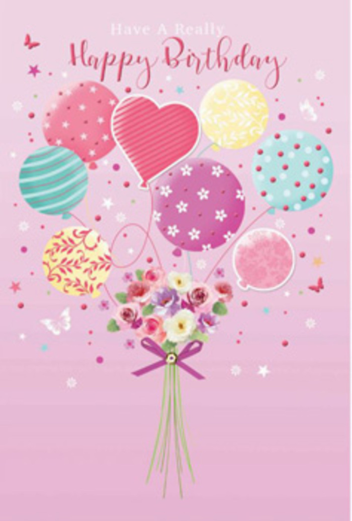 Gentle birthday artwork featuring a pastel balloon bouquet that appears to lift a dainty garden of flowers into the air, evoking the soft, rural charm of Noak Hill. The design rests on a warm pink backdrop, like the glow of early morning sky over nearby fields. Balloons in pale sunshine yellow, rosy fuchsia, and lavender float upward, each decorated with playful details-curving stripes, scattered dots, and painterly swirls-that give them a sense of motion, as though caught in a light breeze. Suspended beneath them is a hand-tied bouquet of petite roses and soft, daisy-like blooms, their petals shaded with delicate gradations from cream to blush rose, suggesting petals kissed by first light. The flowers cluster snugly together, their shapes and colours carefully balanced, much like an arrangement laid out on a florist's bench before delivery around Noak Hill and neighbouring villages. A neat purple bow holds the stems, its satin-like texture softly reflecting the surrounding light. Around the central bouquet and balloons, whimsical butterflies flutter and tiny stars sparkle, reinforcing the feeling of a dreamlike garden party paused in mid-celebration. The entire scene conveys a mood of gentle jubilation and affectionate care, the kind of design that whispers, rather than shouts, Happy Birthday. It feels as if it has been created by an expert who understands how to blend balloons and fresh blooms into a graceful, uplifting birthday greeting, well suited to someone who treasures nature, calm, and a touch of quiet magic in Noak Hill.