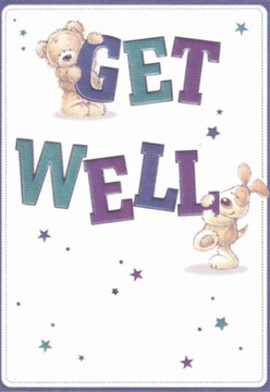 Drawing inspiration from the tranquil lanes and parkland of Noak Hill, this delightful get well card exudes an instant sense of gentleness and encouragement. The artwork features a lovable teddy bear perched atop the whimsical word 'GET', while a loyal puppy interacts joyfully with the bold 'WELL' below-each figure's rounded contours and emotive faces skillfully conveying friendship and hope. The rich palette of purples and teals colouring the text brings to mind the distinctive shades of wildflowers found along Noak Hill's bridleways. Meanwhile, scatters of shining stars in blue and violet add a magical sense of possibility, standing out against a flawless white background that evokes feelings of calm and clarity. For a florist, there's a familiar care in every brushstroke and element-a reflective attention to detail much like preparing a bouquet destined to uplift someone's day in Noak Hill. The scene is softly illuminated by emotional warmth, making this card a radiant companion to any gesture of recovery and support provided through thoughtful, local flower delivery.