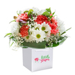 Bringing a slice of Noak Hill's rural serenity into the home, this bouquet expresses both joy and sophistication. The abundance of coral and peach carnations, with their deeply ruffled petals, creates a sumptuous heart to the arrangement, like the radiant wildflowers seen along rural stretches of Noak Hill Road. White daisies dot the bouquet with their golden-green centres, offering a sense of light-hearted cheer that brightens even the cloudiest afternoon. Fine sprays of white gypsophila thread through the flowers, their airy softness akin to breathless laughter carried across a field in spring. Supporting it all, glossy, deep green leaves cradle the arrangement gracefully, as if the countryside itself wraps around each stem. On the left, a few closed buds tinged with purple add a secretive spark, hinting at coming blossom and shared memories to be made. This inviting display rests in a modern white gift bag, its twin ribbon handles promising easy delivery to any doorstep in Noak Hill, from Pinewoods Avenue to Dagnam Park. The pure white background makes the bouquet's colours and lushness leap forward, creating a sense of optimism and freshness. Whether marking a milestone or simply bringing a smile, this arrangement is a heartfelt nod to Noak Hill's timeless beauty and sense of togetherness.