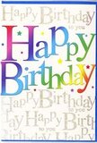 This birthday card design, imagined on display beside a fresh arrangement in a Noak Hill flower shop, radiates a lively yet polished charm. Dominating the front are the words Happy Birthday, spelled out in large, softly rounded letters that seem to glow from within. Each letter flows through a spectrum of colour, beginning with rich red and berry tones, passing through bright coral and amber, then shifting into zesty lime and meadow green, before finally cooling into turquoise, azure, and a whisper of violet. The gradient across the word is smooth and continuous, reminiscent of the subtle colour transitions in a well-planned bouquet chosen for a party near Noak Hill's quiet residential streets. Around this bold message, delicate specks and tiny, star-like shapes of various colours are sprinkled lightly, adding the impression of confetti or tiny fireworks frozen mid-sparkle. The background is thoughtfully filled with repeating lines of fine, cursive gold script softly reiterating Happy Birthday to you. This script runs diagonally in orderly rows, providing a gentle rhythm that supports, rather than competes with, the main rainbow lettering. Under the light, the gold script shimmers in a refined way, similar to the soft gleam of metallic threads woven into a ribbon wrapped around a bouquet from Flowers Noak Hill. The surface of the card appears smooth with a semi-gloss finish that enhances the brightness of the colours without glare. Altogether, the design conveys joy, warmth, and celebration-a visual chorus of birthday wishes ideally suited to accompany same-day flower deliveries across Noak Hill.