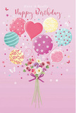 Pastel birthday card illustration where a cluster of balloons and a small floral bouquet come together in a light, whimsical celebration, echoing the easygoing atmosphere of Noak Hill. The background is a soft rose-pink wash, providing a tender setting for the scene. Above, a group of balloons floats upward with joyful energy, each rendered in pale pinks, mint greens, lemons, and lavenders. Some balloons are wrapped in candy-like stripes, others are dotted with playful spots, and at the centre a heart-shaped balloon glows gently, radiating affection and highlighting the birthday theme. All the balloon strings gather down to a compact bouquet at the base. This bouquet brims with roses and anemone-style blossoms in creamy ivory, blush pink, and muted mauve. Their petals appear feathery and layered, suggestive of soft fragrance drifting through a quiet Noak Hill lane. A violet satin bow ties the stems neatly, the ribbon catching the imagined light with a subtle sheen. Tiny star shapes and butterflies are scattered around, contributing a sense of fairy-tale wonder, as though the whole arrangement were part of a magical celebration in a hidden garden. The composition feels as light as a spring morning, airy and sweet, the sort of birthday design you might imagine chosen from Flowers Noak Hill for a loved one. It captures both the playful energy of balloons and the soothing beauty of fresh blooms, creating a birthday greeting that feels heartfelt, thoughtful, and gently unforgettable.